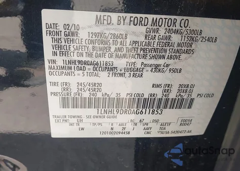 2010 Lincoln Mks from USA, damaged, VIN 1LNHL9DR0AG611853